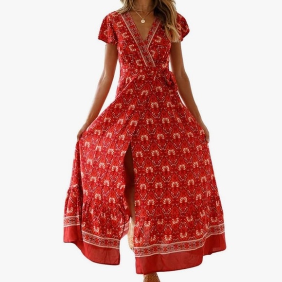 PRETTY GARDEN MAXI DRESS Red, Tan, Cream Wrap Side Tie Deep V neck Size Small - Picture 1 of 8